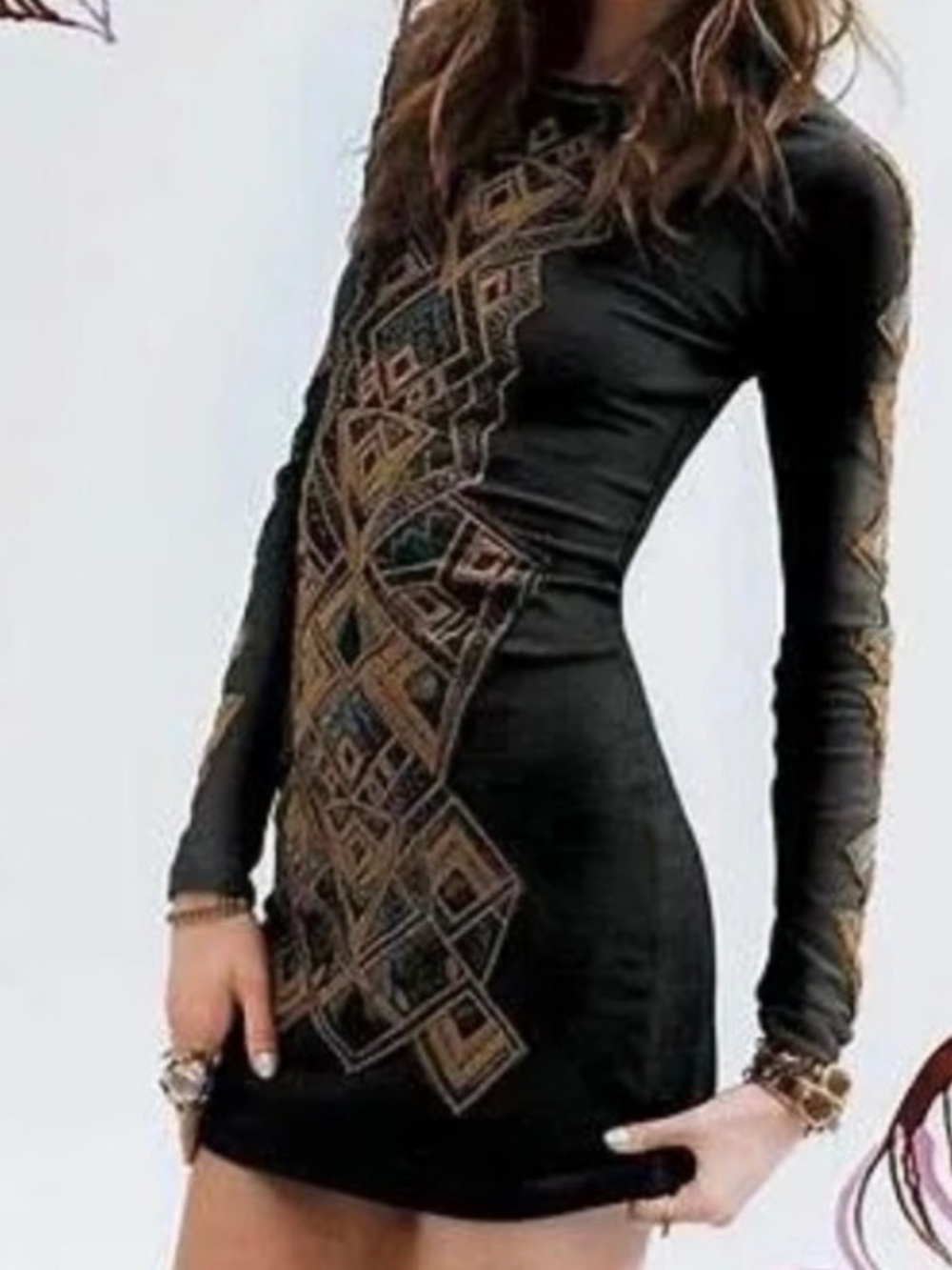 Free People Art Deco geometric Aztec embroidered bodycon long sleeve mini dres S